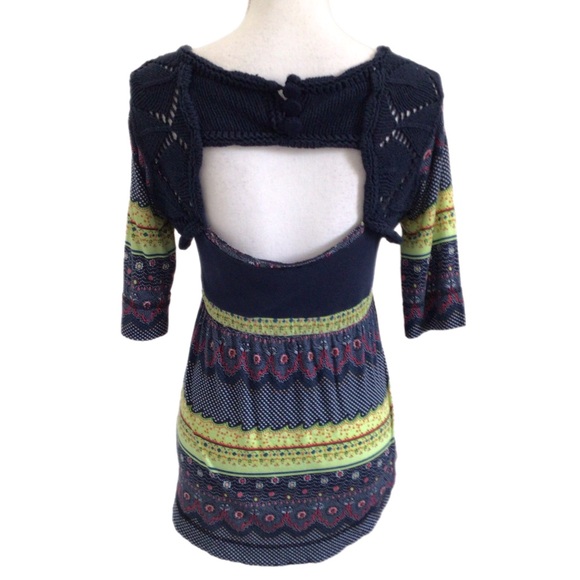 FREE PEOPLE Blue Geo Print Crochet Trim Babydoll Top - Picture 8 of 10